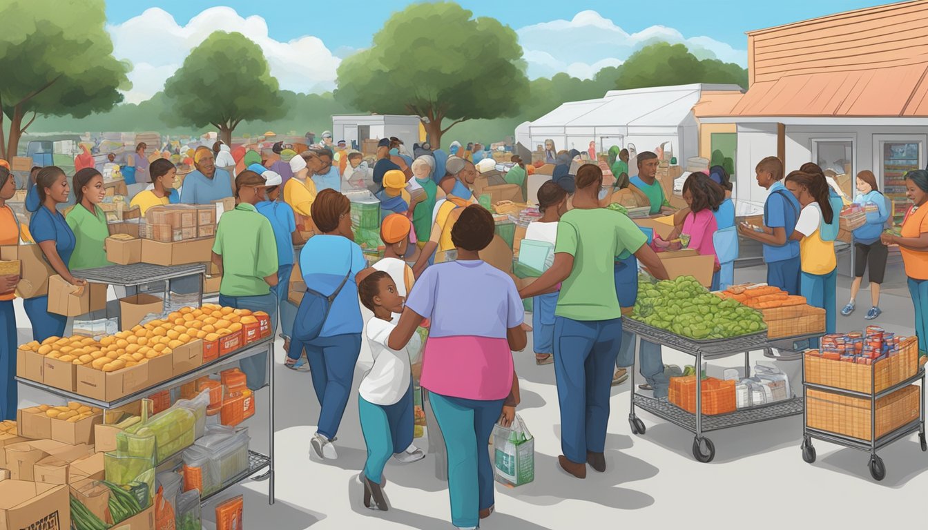 A bustling food pantry in Houston County, Texas, with volunteers distributing free groceries to those in need