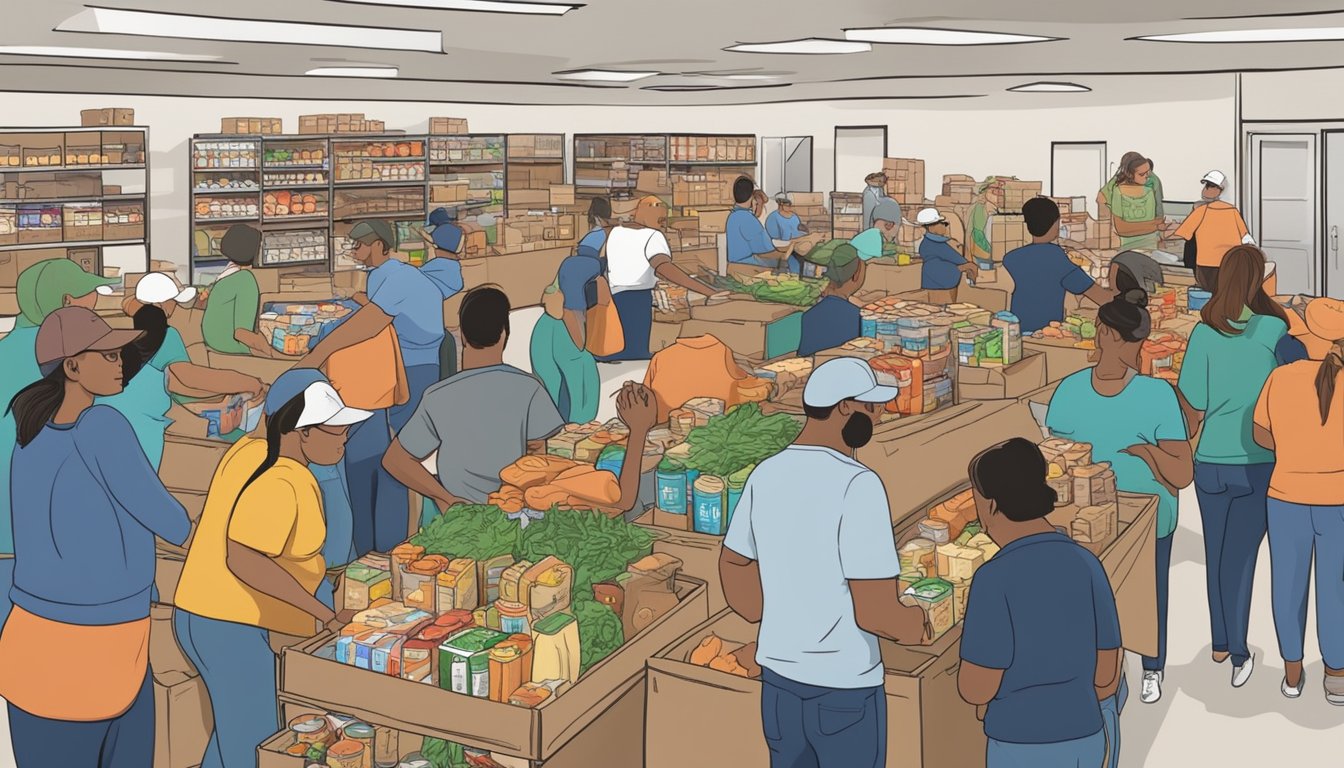 A bustling food pantry in La Salle County, Texas, with volunteers distributing free groceries to those in need