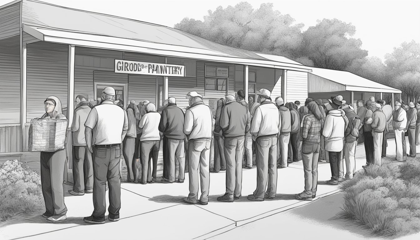 A line of people wait outside a food pantry in La Salle County, Texas. Volunteers distribute free groceries to those in need