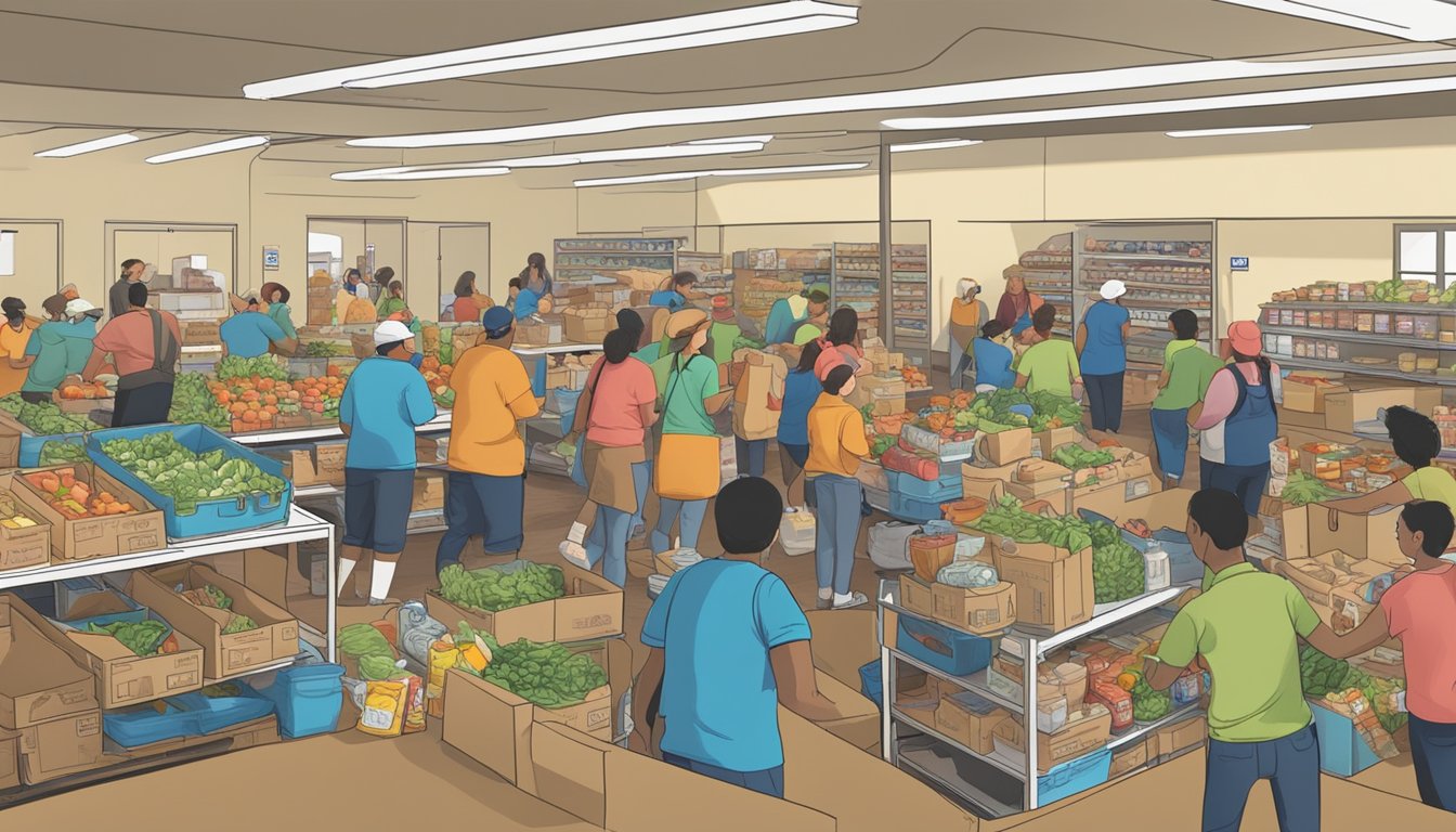 A bustling food pantry in La Salle County, Texas, with volunteers distributing free groceries to those in need