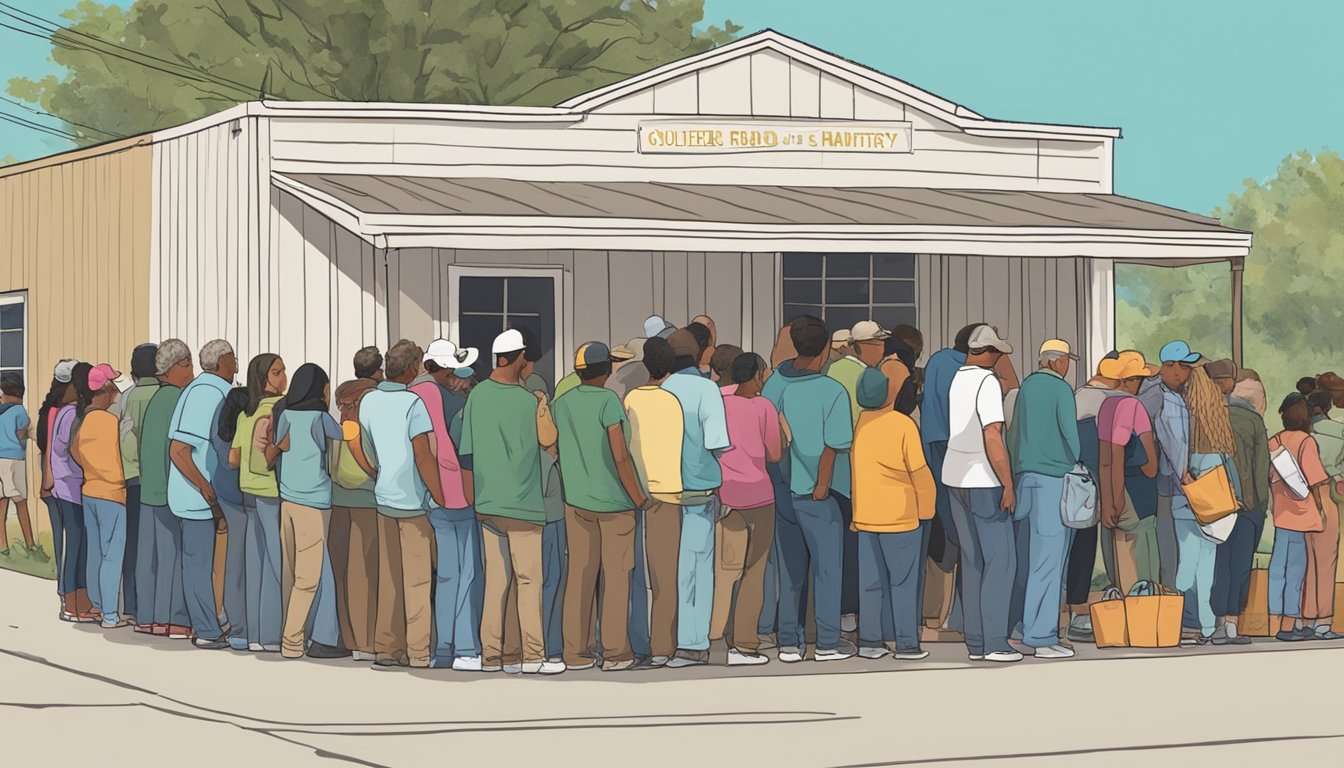 A line of people waits outside a food pantry in Kleberg County, Texas. Volunteers hand out free groceries to those in need