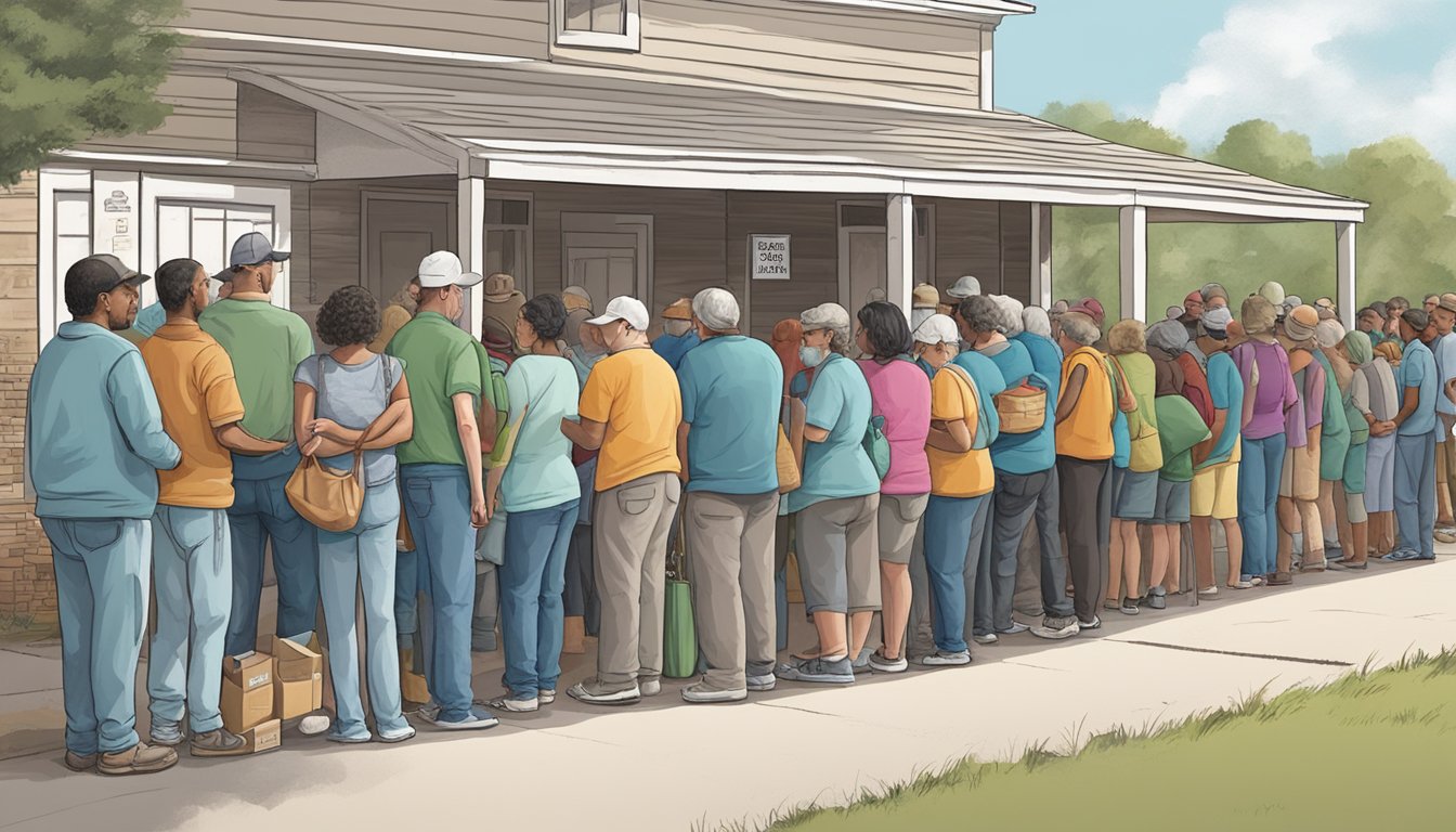 A line of people waits outside a food pantry in Kleberg County, Texas, as volunteers distribute free groceries to those in need