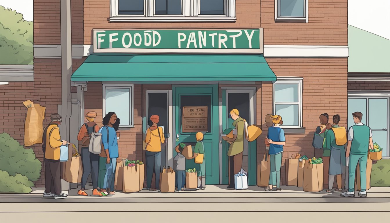 A line of people wait outside a small building with a sign reading "Food Pantry." Volunteers hand out bags of groceries