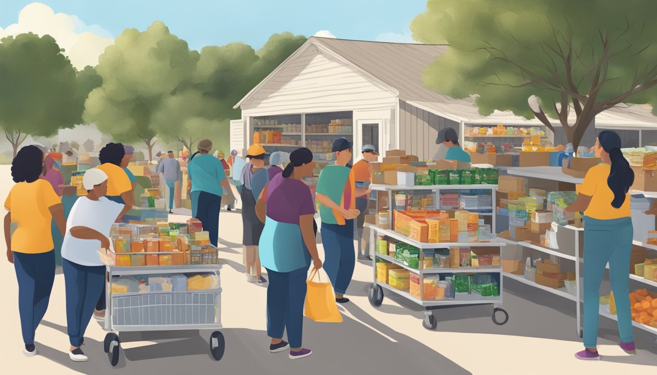 A bustling food pantry in Lampasas County, Texas, with volunteers distributing free groceries to those in need