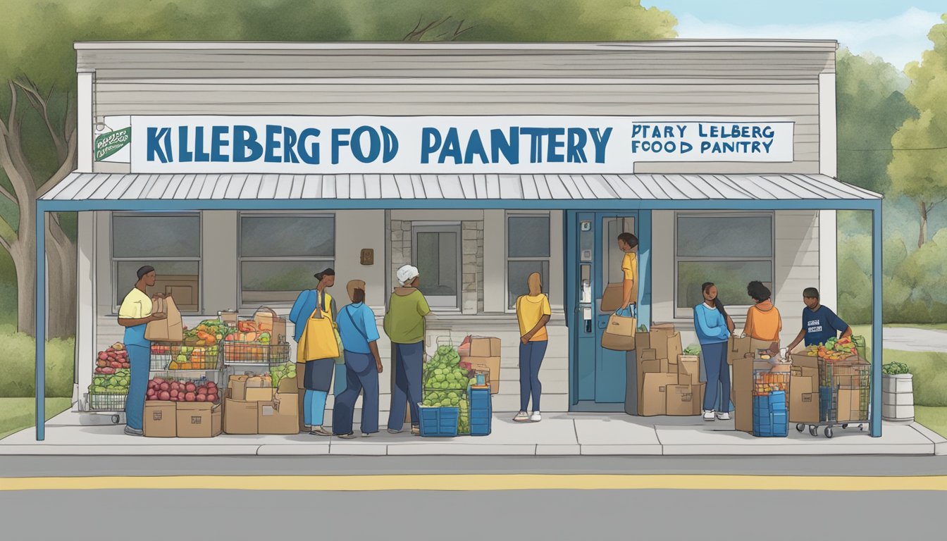 A line of people waiting outside a small building with a sign that reads "Kleberg County Food Pantry." Volunteers hand out bags of groceries