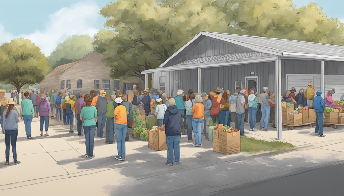 A line of people waiting outside a food pantry in Lampasas County, Texas, with volunteers distributing free groceries to those in need