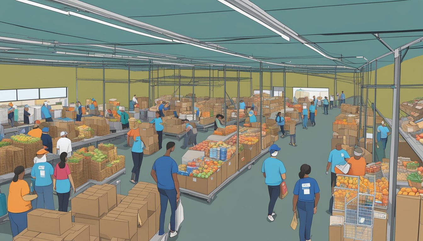 A bustling food distribution center in Kleberg County, Texas, with volunteers handing out free groceries to those in need