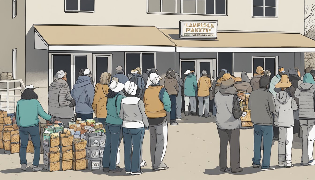 A line of people wait outside a food pantry in Lampasas County, Texas. Volunteers hand out bags of groceries to those in need