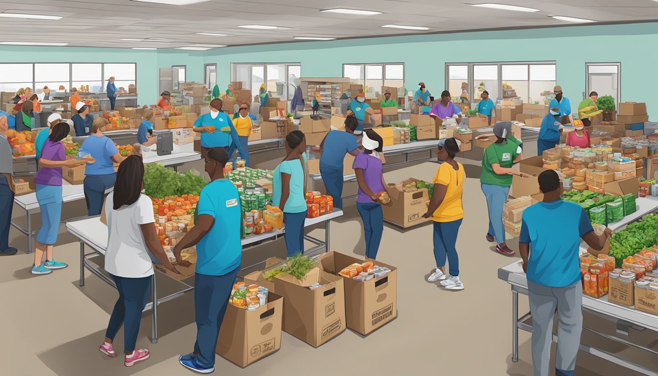 A bustling food bank in Kleberg County, Texas, with volunteers distributing free groceries and pantry items to those in need