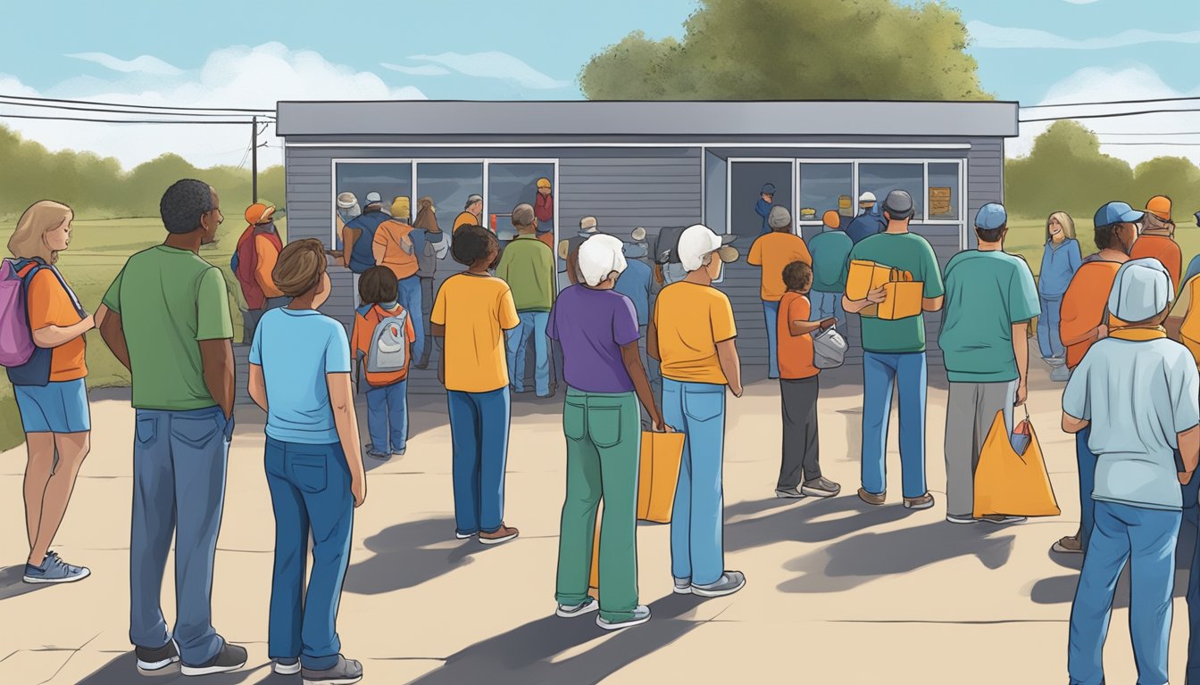 A line of people waits outside a food pantry in Hutchinson County, Texas, as volunteers distribute free groceries to those in need