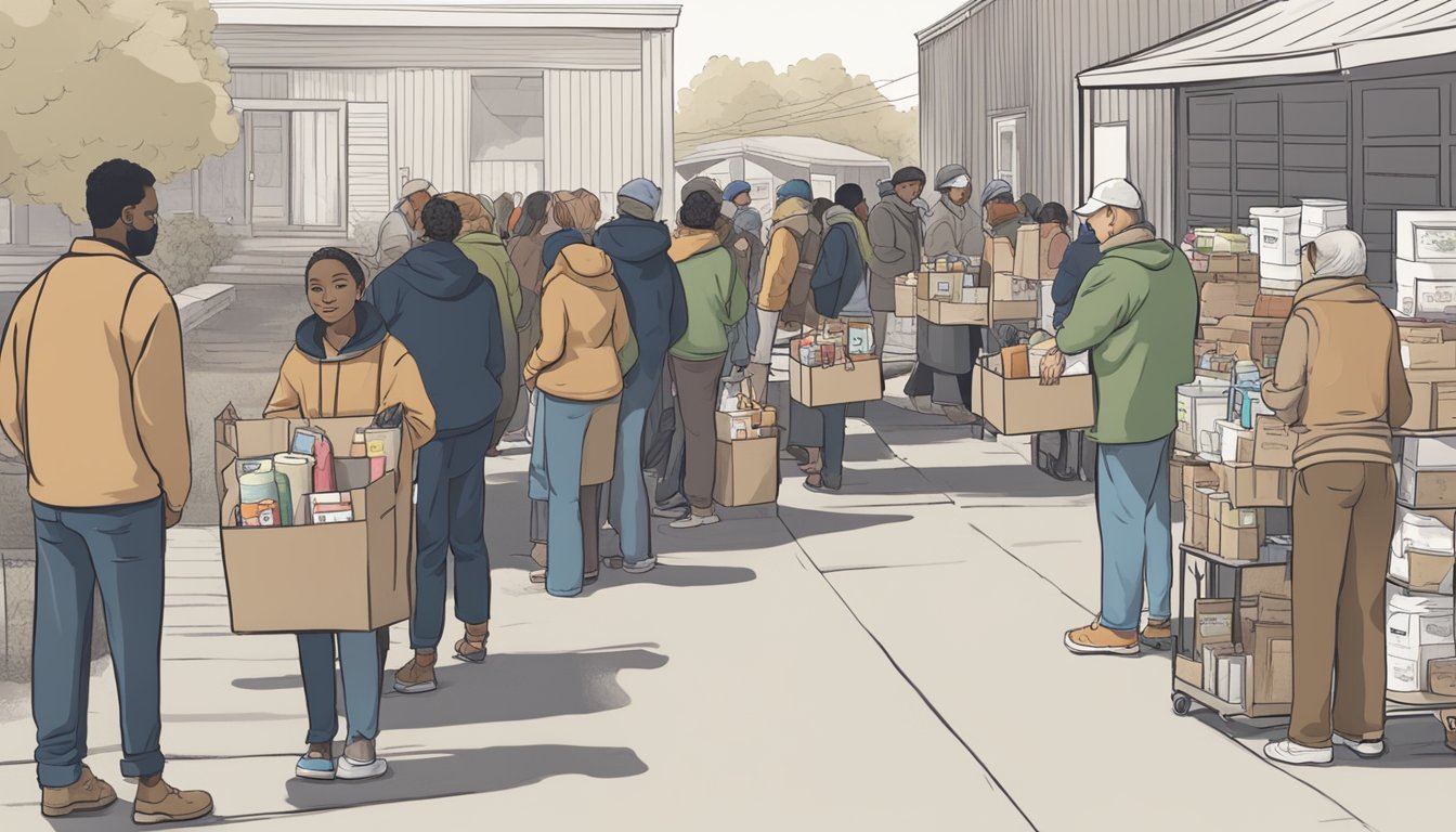 A line of people wait outside a food pantry, holding bags and boxes of groceries. Volunteers hand out food to those in need