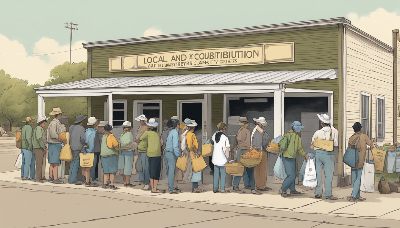 A line of people wait outside a small building, where volunteers hand out bags of groceries and food items. Nearby, a sign reads "Local Pantries and Distribution Centers - Lampasas County, Texas."