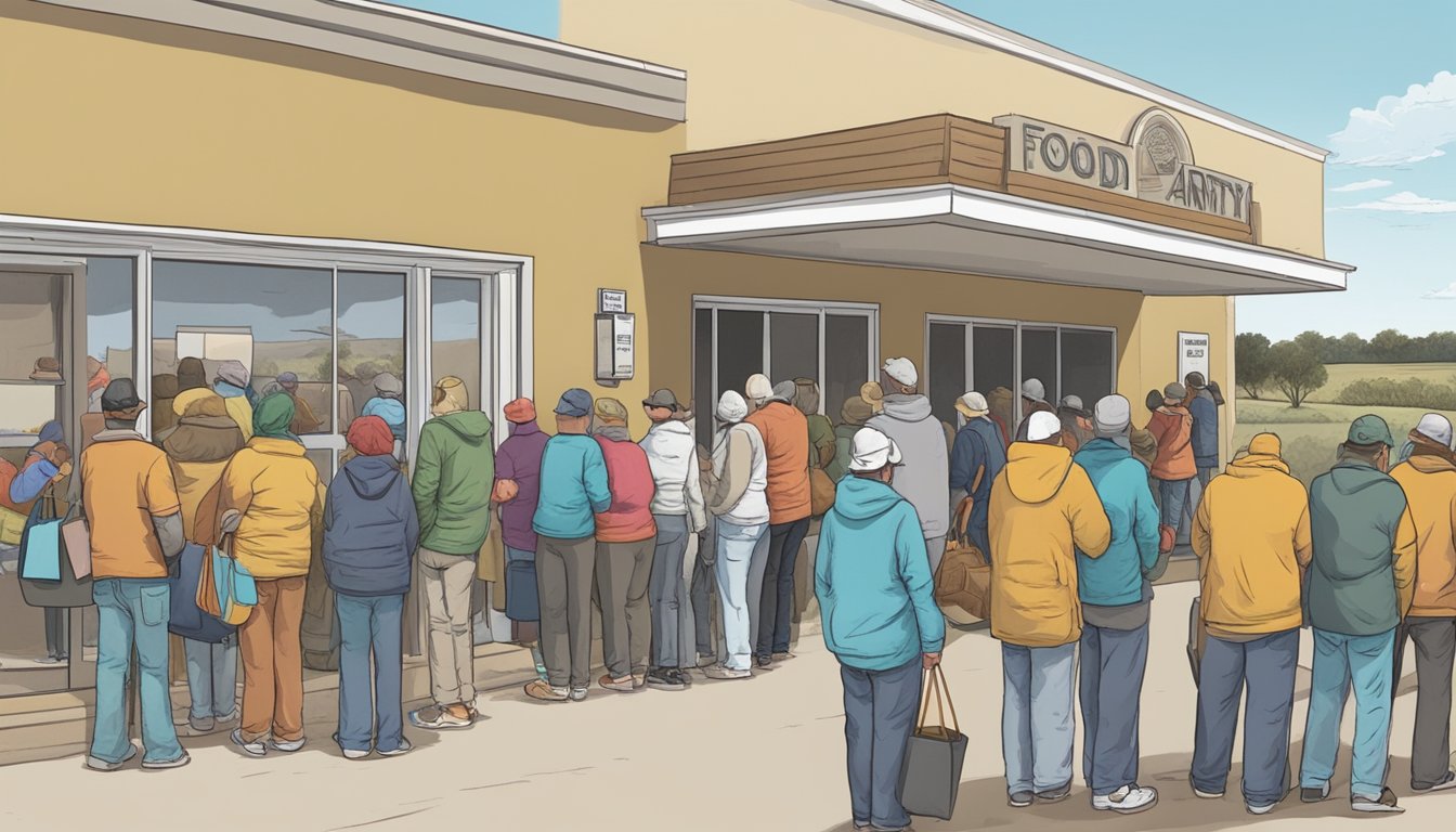 A line of people waits outside a small food pantry in Hutchinson County, Texas. Volunteers hand out bags of groceries to those in need