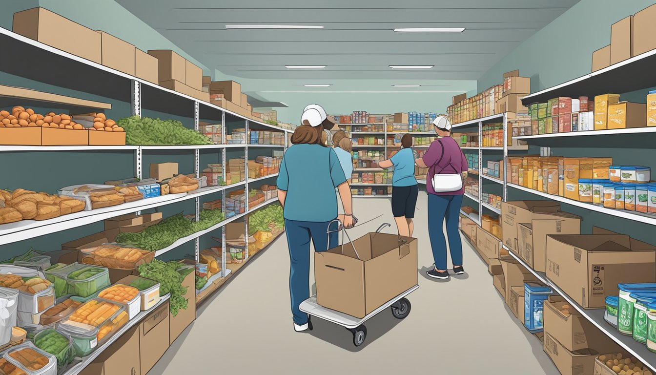 A bustling food pantry in Lampasas County, Texas, with volunteers distributing free groceries to those in need