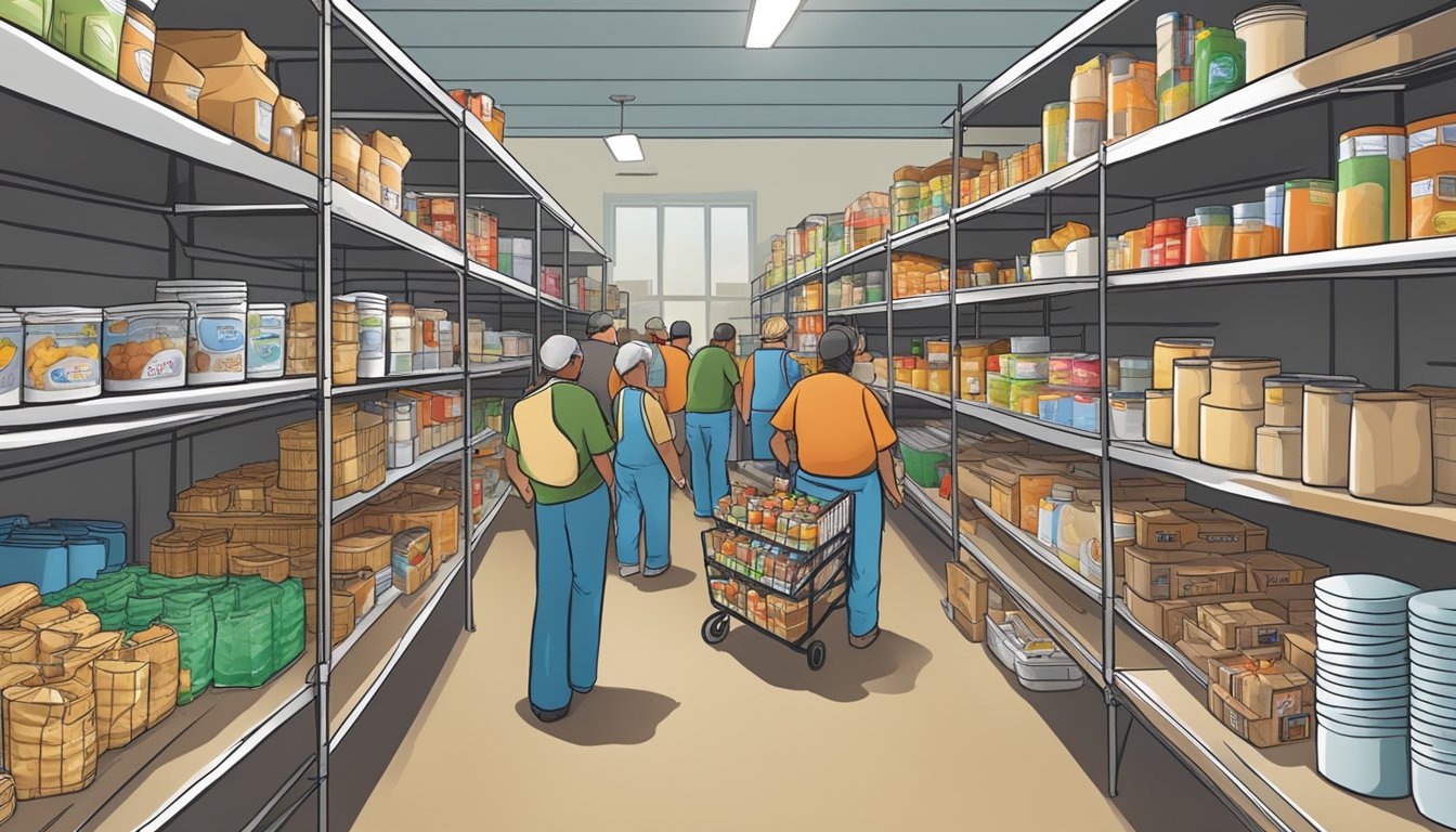 A bustling food pantry in Hutchinson County, Texas, with shelves stocked full of free groceries and volunteers assisting those in need