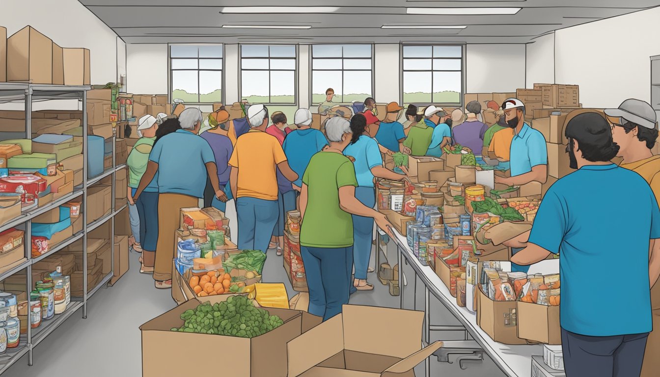 A bustling food pantry in Lampasas County, Texas, with volunteers handing out free groceries to those in need