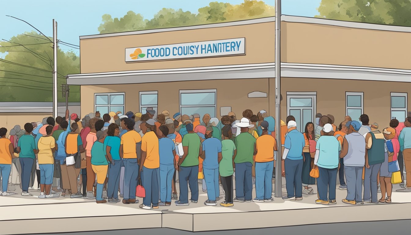 A line of people waiting outside a food pantry in Lamar County, Texas, with volunteers handing out free groceries and food assistance