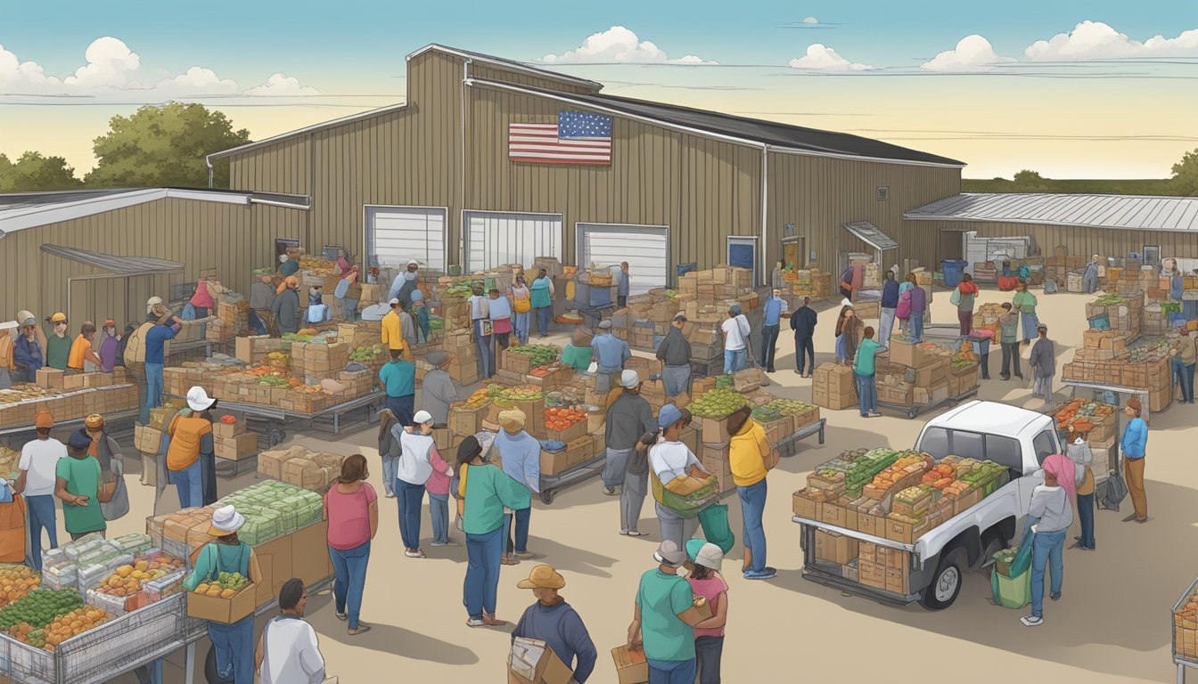 A bustling food distribution center in Hutchinson County, Texas, with volunteers handing out free groceries to those in need