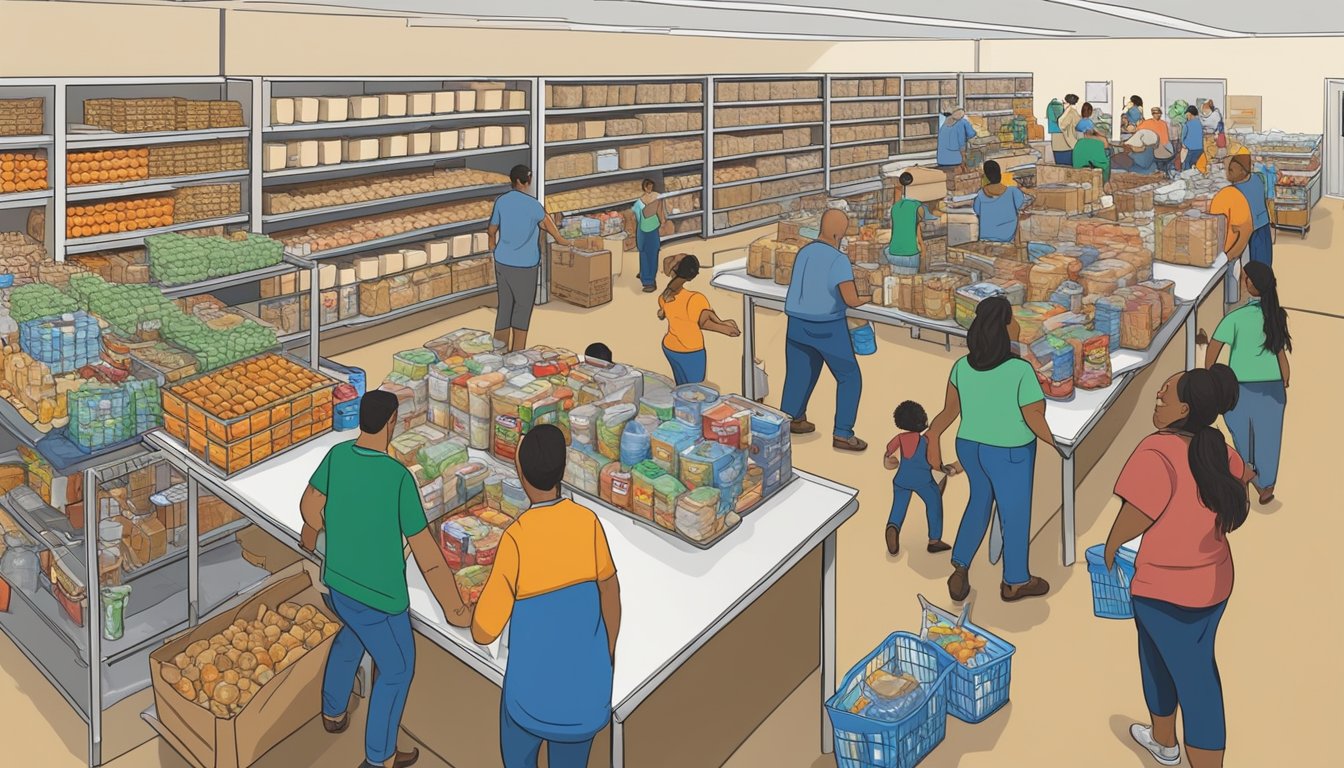 A bustling food pantry in Hutchinson County, Texas, where volunteers distribute free groceries to those in need