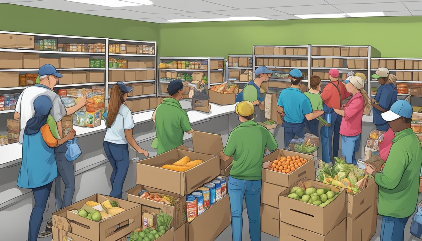 A bustling food pantry in Hutchinson County, Texas, with volunteers distributing free groceries to those in need