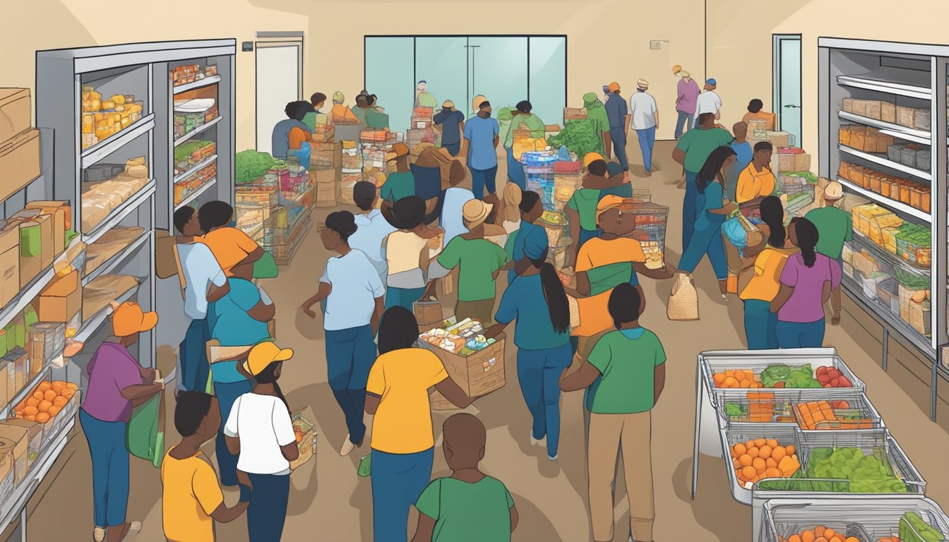 A bustling food pantry in Lamar County, Texas, with volunteers distributing free groceries to those in need