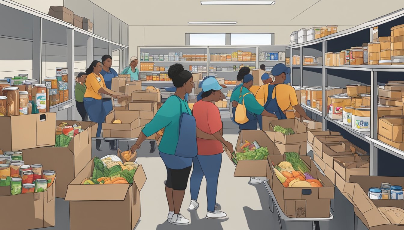 A bustling food pantry with volunteers distributing groceries to those in need in Leon County, Texas