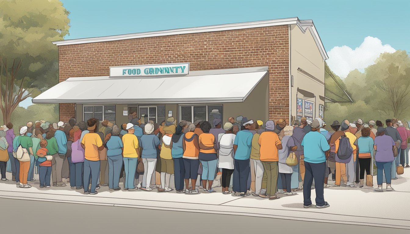 A line of people waiting outside a food pantry in Leon County, Texas, with volunteers handing out free groceries and food assistance