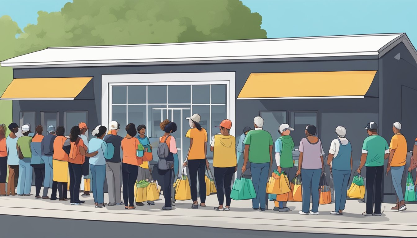 A line of people waiting outside a food pantry in Leon County, Texas, with volunteers handing out bags of groceries