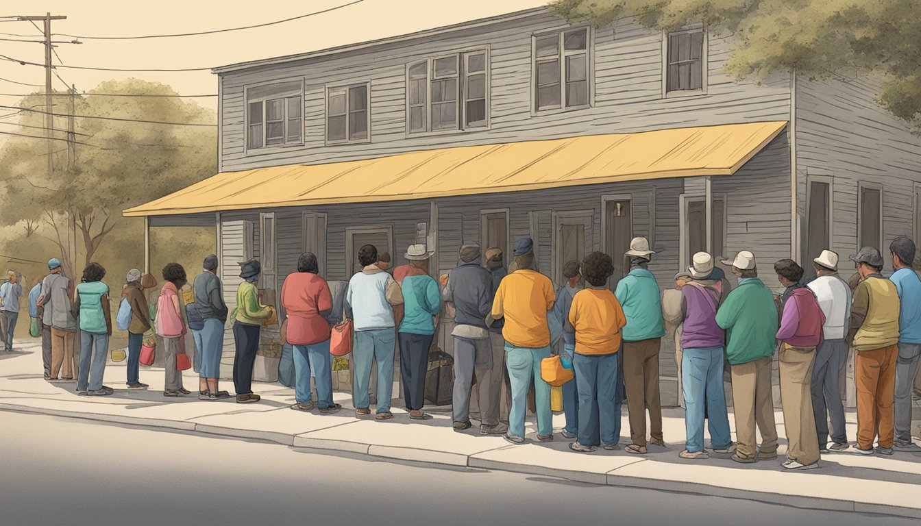 A line of people waits outside a small building, where volunteers hand out free groceries and food supplies in Jack County, Texas