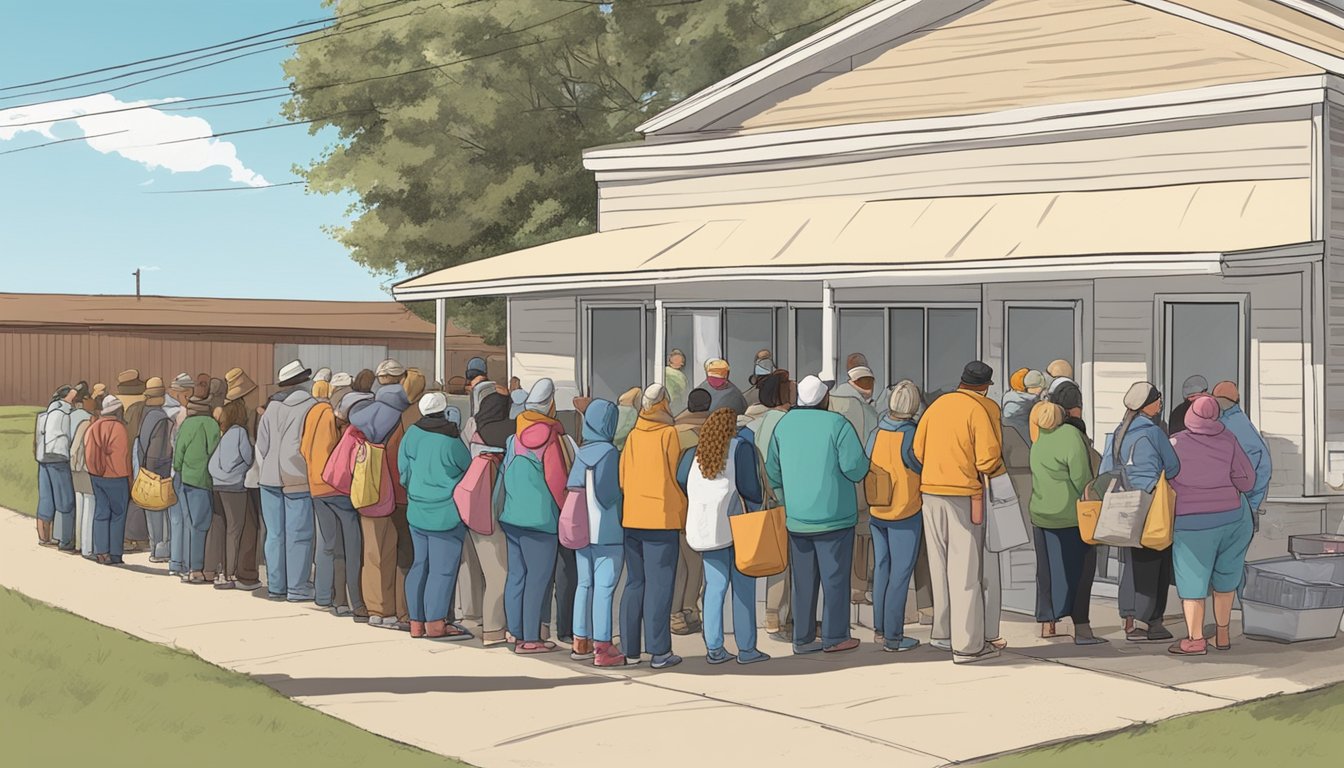 A line of people wait outside a small food pantry in Jack County, Texas. Volunteers hand out free groceries to those in need