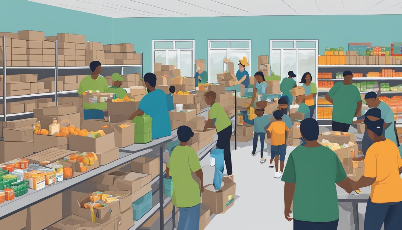 A bustling food pantry in Leon County, Texas, with volunteers distributing free groceries to those in need