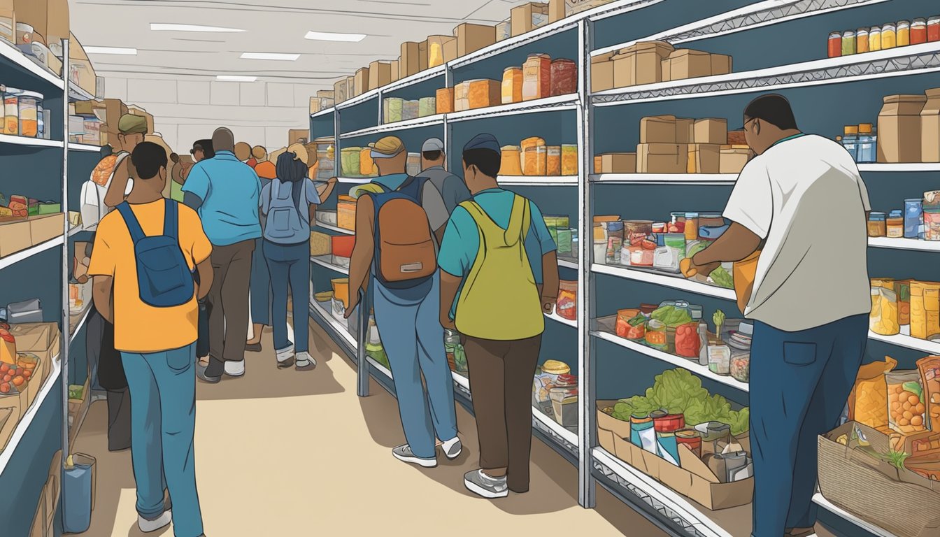 A bustling food pantry in Jack County, Texas, with volunteers distributing free groceries to those in need