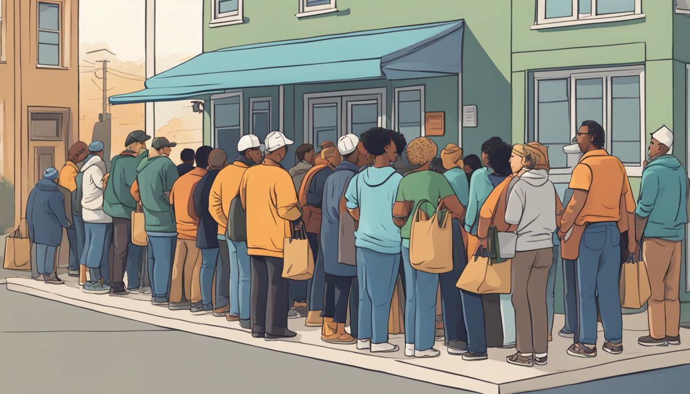 A line of people wait outside a small building, where volunteers hand out bags of groceries and food items to those in need