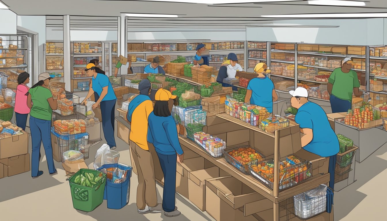 A bustling food pantry in Jack County, Texas, with volunteers distributing free groceries to those in need