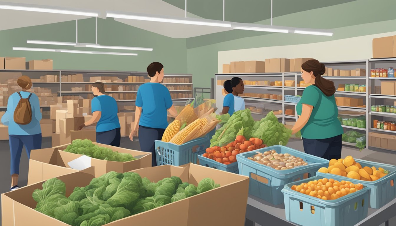 A bustling food pantry in Jack County, Texas, with volunteers distributing free groceries to those in need