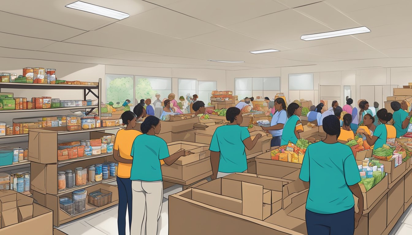 A bustling food pantry in Leon County, Texas, with volunteers distributing free groceries to those in need