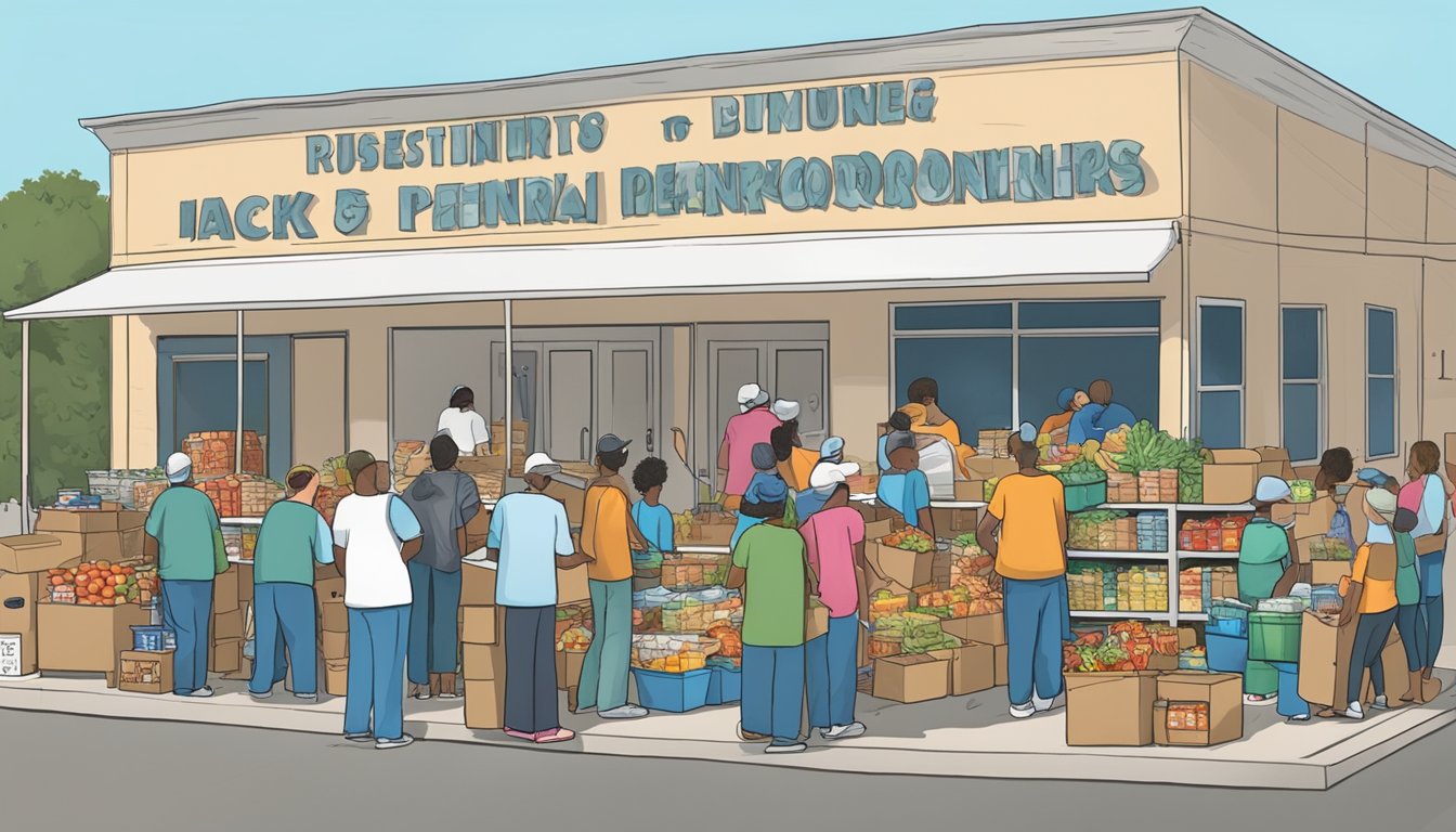 A bustling food pantry in Jack County, Texas, with volunteers distributing free groceries to those in need