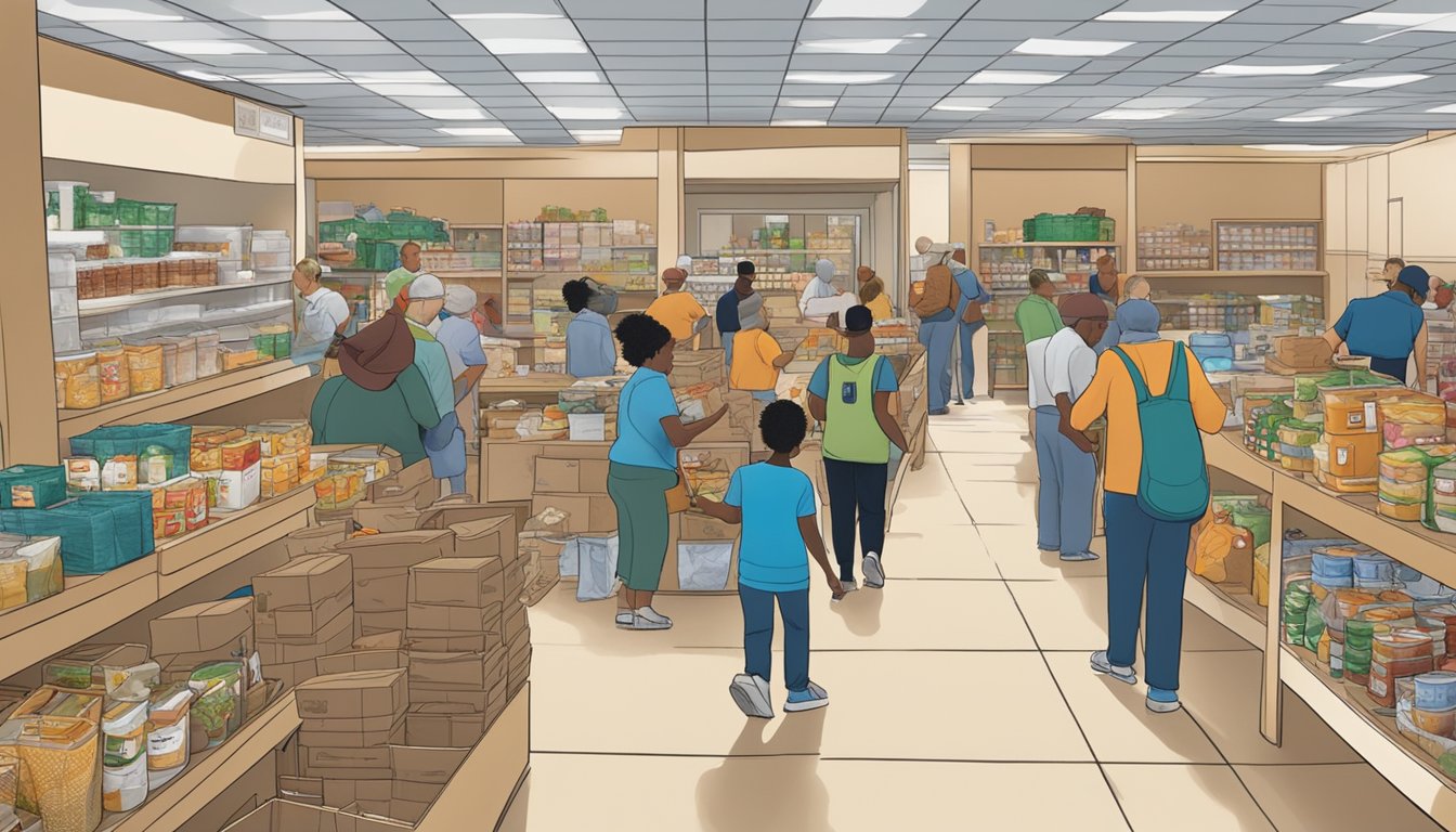 A bustling food pantry in Jack County, Texas, with diverse individuals receiving free groceries and assistance