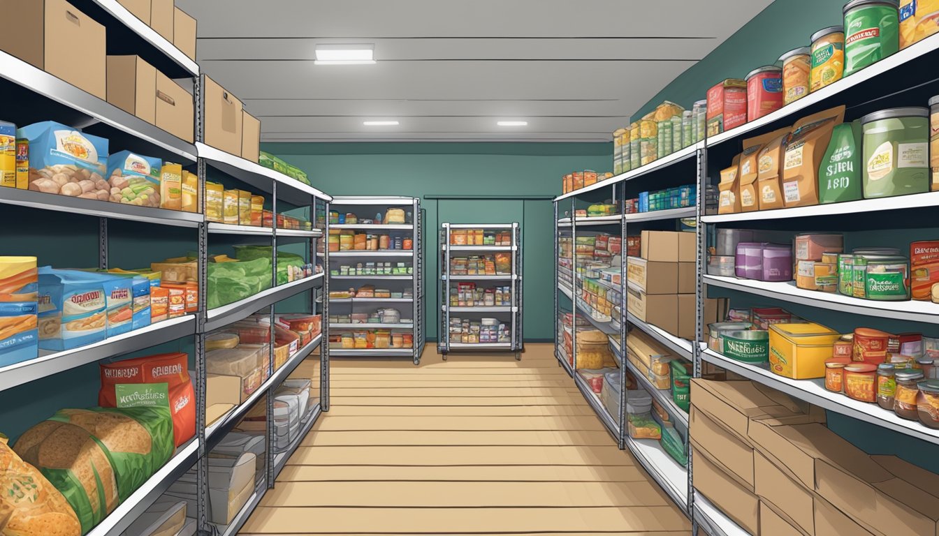 A bustling food pantry in Jack County, Texas, with shelves stocked full of seasonal and holiday-specific groceries for those in need