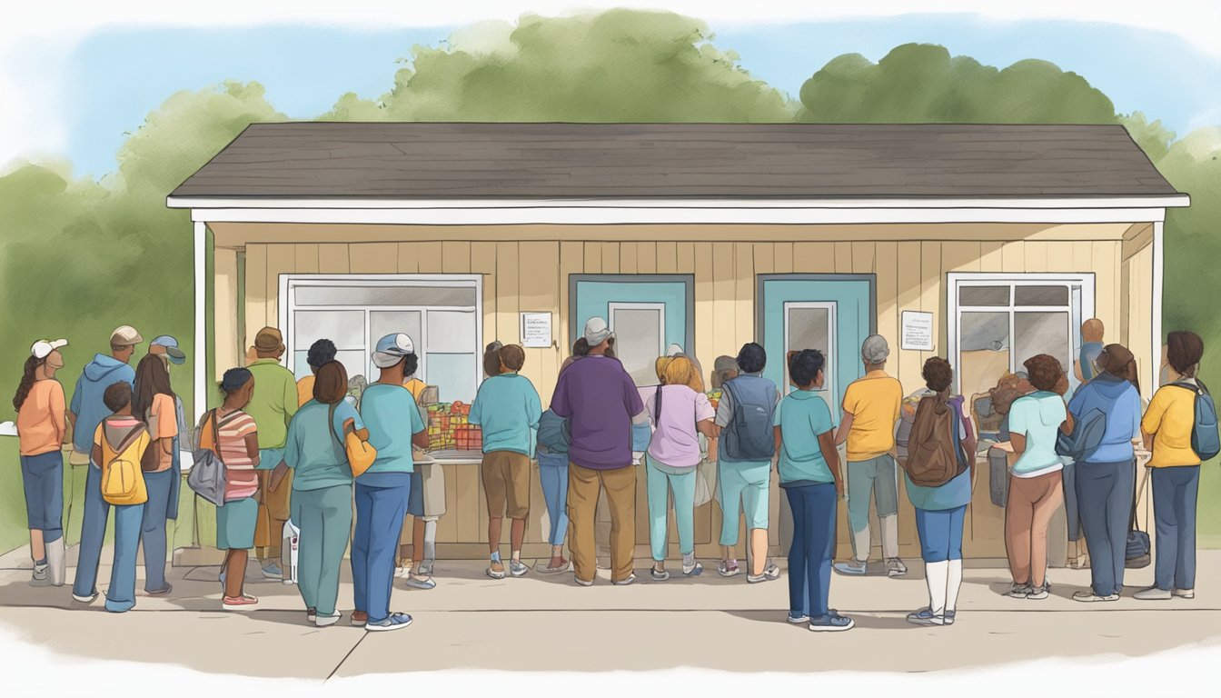 A line of people waits outside a small food pantry in Lavaca County, Texas. Volunteers hand out free groceries to those in need