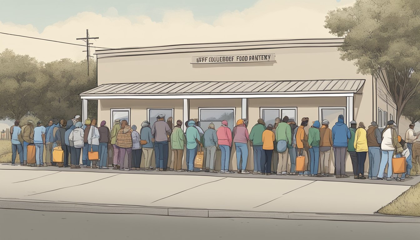 A line of people wait outside a food pantry in Jeff Davis County, Texas. Volunteers hand out free groceries to those in need