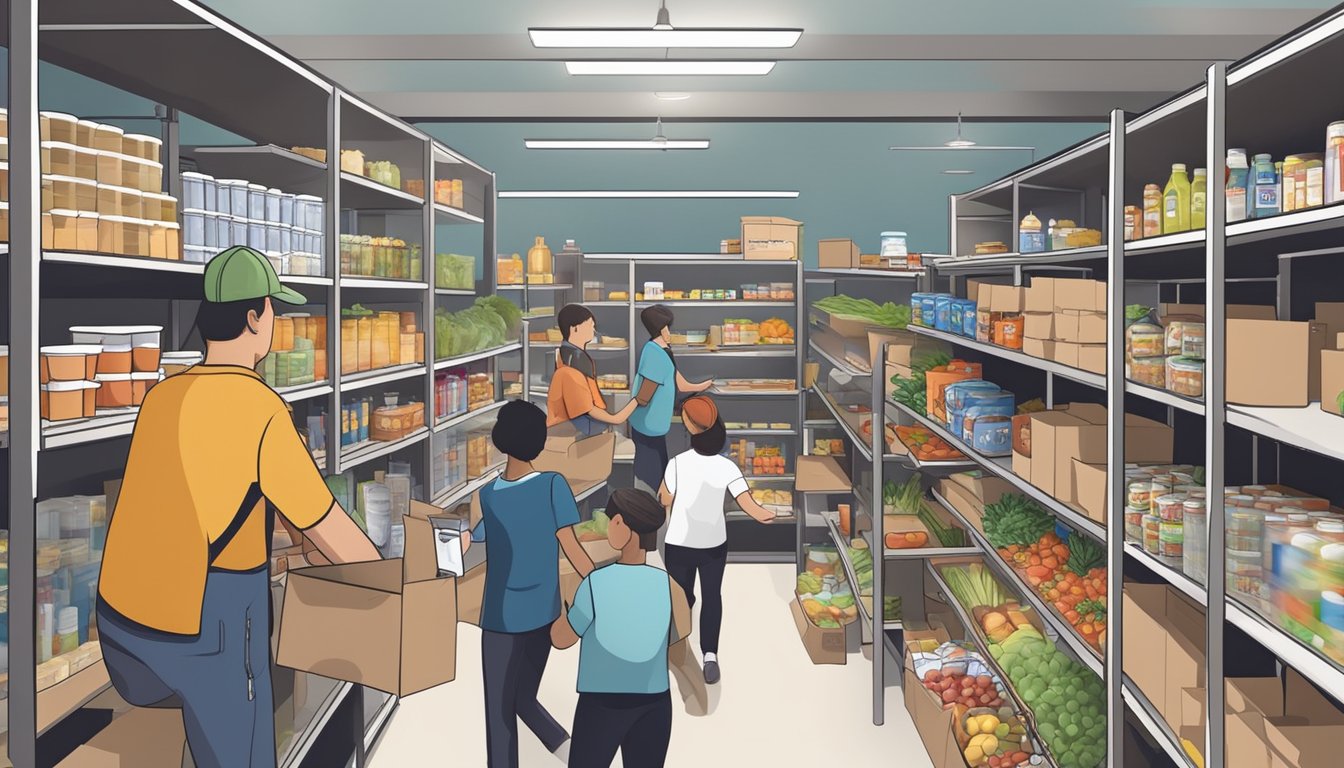 A bustling food pantry in Jeff Davis County, Texas, with shelves stocked full of nutritious groceries and volunteers assisting those in need