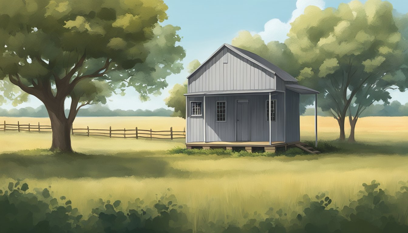 A rural landscape with a small food pantry building surrounded by fields and trees in Lavaca County, Texas