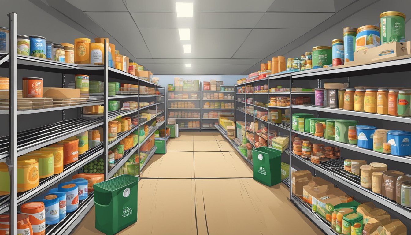 A bustling food pantry in Lavaca County, Texas, filled with shelves of canned goods, fresh produce, and other essential groceries for those in need