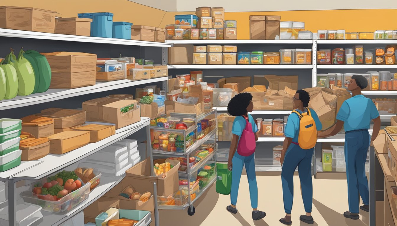 A bustling food pantry in Jeff Davis County, Texas, with diverse individuals receiving free groceries and specialized assistance