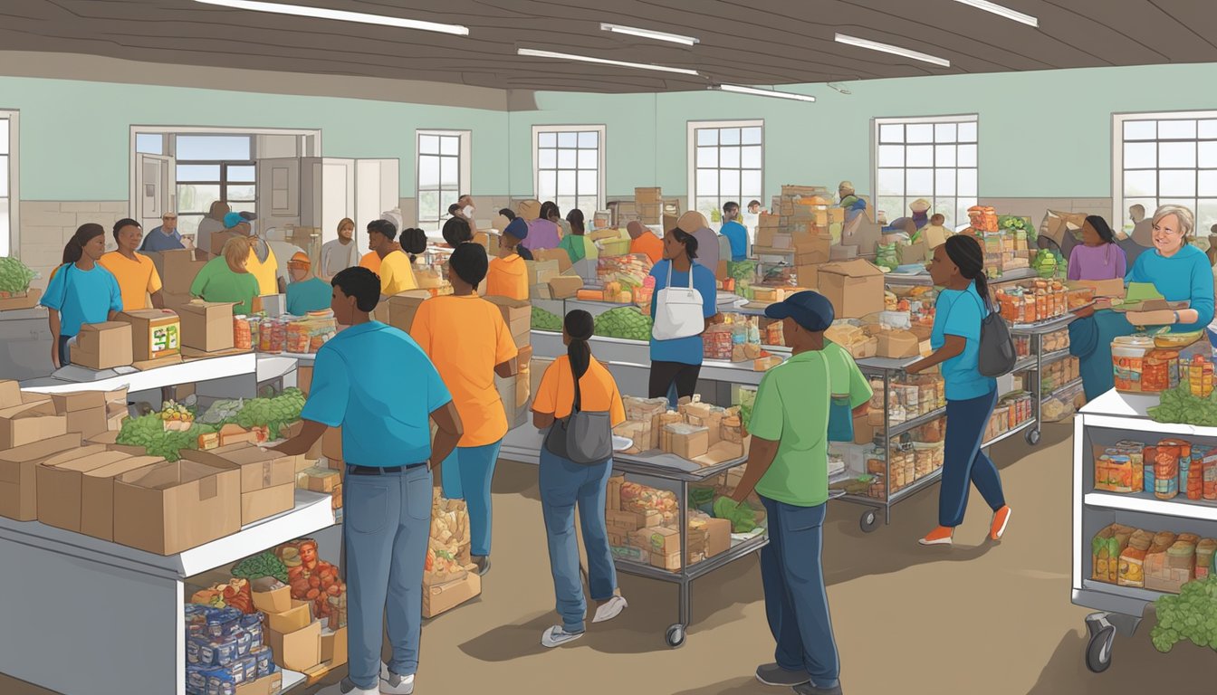 A bustling food pantry in Lavaca County, Texas, with volunteers distributing free groceries to those in need