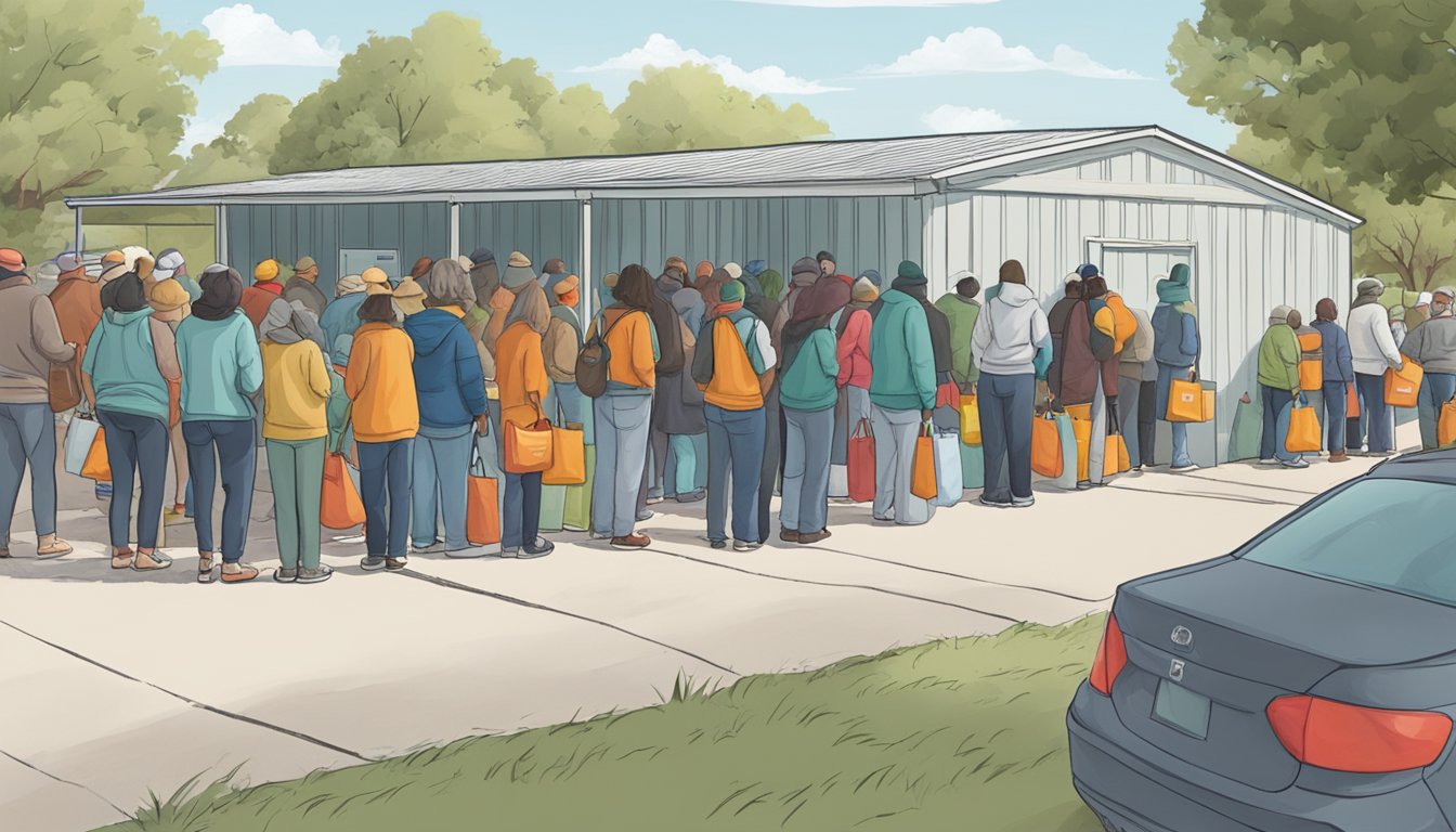 A line of people wait outside a food pantry in Jeff Davis County, Texas. Volunteers hand out groceries to those in need