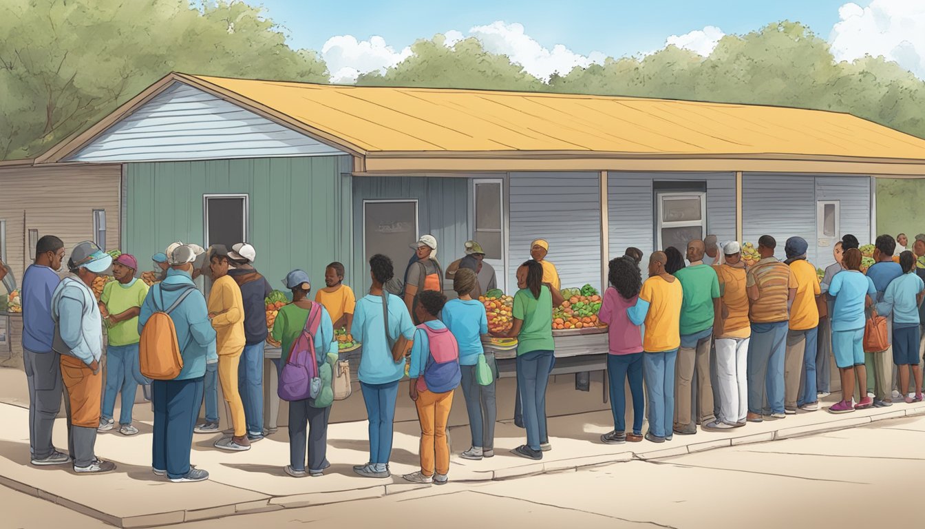 A line of people wait outside a small building, where volunteers distribute free groceries and food to those in need in Lavaca County, Texas