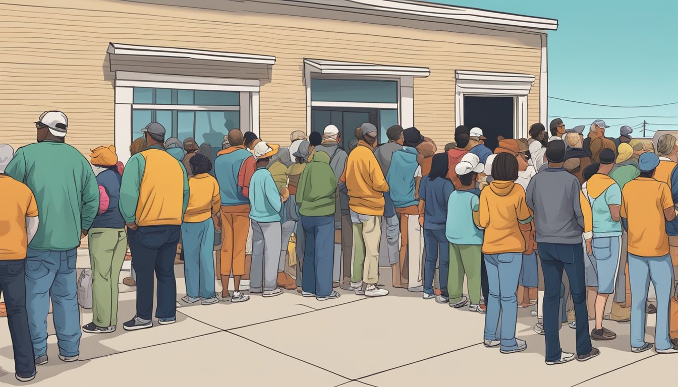 A line of people waits outside a food pantry in Jeff Davis County, Texas, as volunteers distribute free groceries to those in need