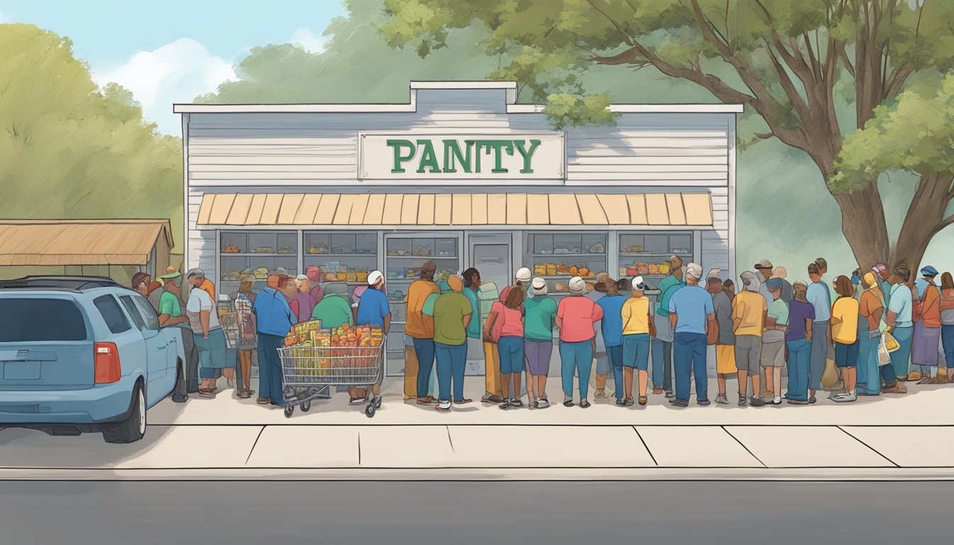 A line of people waits outside a food pantry in Lavaca County, Texas. Volunteers hand out groceries to those in need